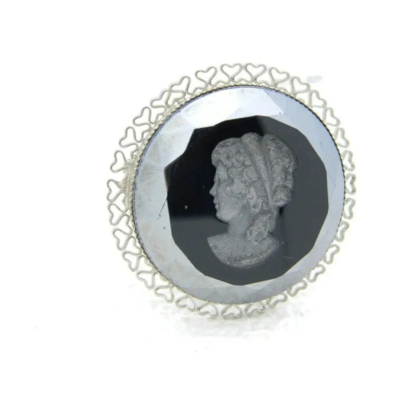 Vintage Silver Tone Black Glass Reverse Carved Intaglio Cameo Pin Brooch - Picture 1 of 3